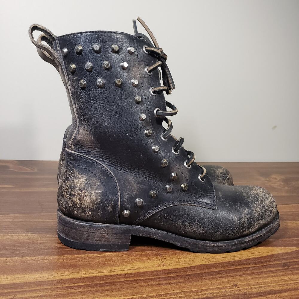 Frye Rogan Studded Distressed Lace up Boots Stonewash Black Womens 7 - Picture 4 of 10